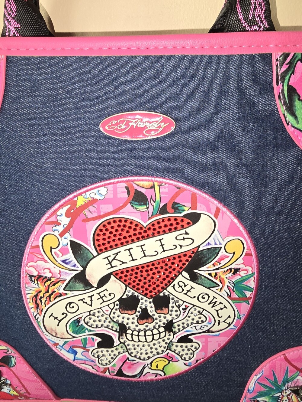 NWOT Ed Hardy Pink Tattoo Print Satchel Tote Bag - Picture 2 of 11